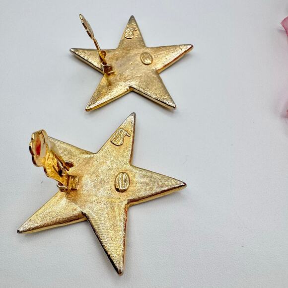 Vintage Tara Rhinestone Star Clip On Earrings Pave Huge Gold Tone Runway Signed - Picture 9 of 16